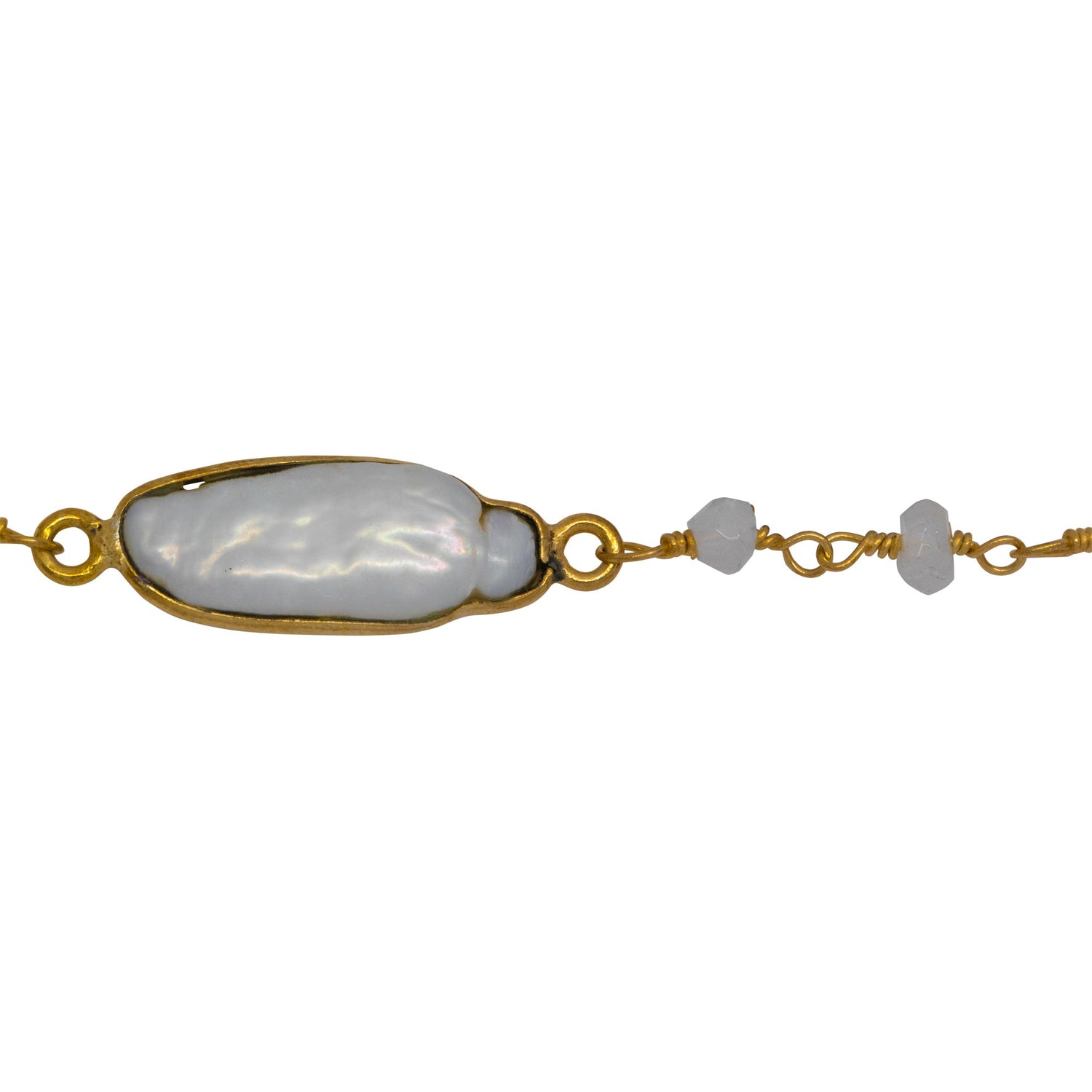 Chain by Foot. Brass Gold Plated 2.86mm Width by 2.36mm Length Hand Cut Rainbow Moon Stone, Followed by 8.19mm Width by 19.70mm Length approximately Biwa Pearl Bezel Set, Gem Stone Chain. Price per: 1 Inch.