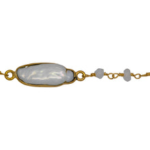 Load image into Gallery viewer, Chain by Foot. Brass Gold Plated 2.86mm Width by 2.36mm Length Hand Cut Rainbow Moon Stone, Followed by 8.19mm Width by 19.70mm Length approximately Biwa Pearl Bezel Set, Gem Stone Chain. Price per: 1 Inch.
