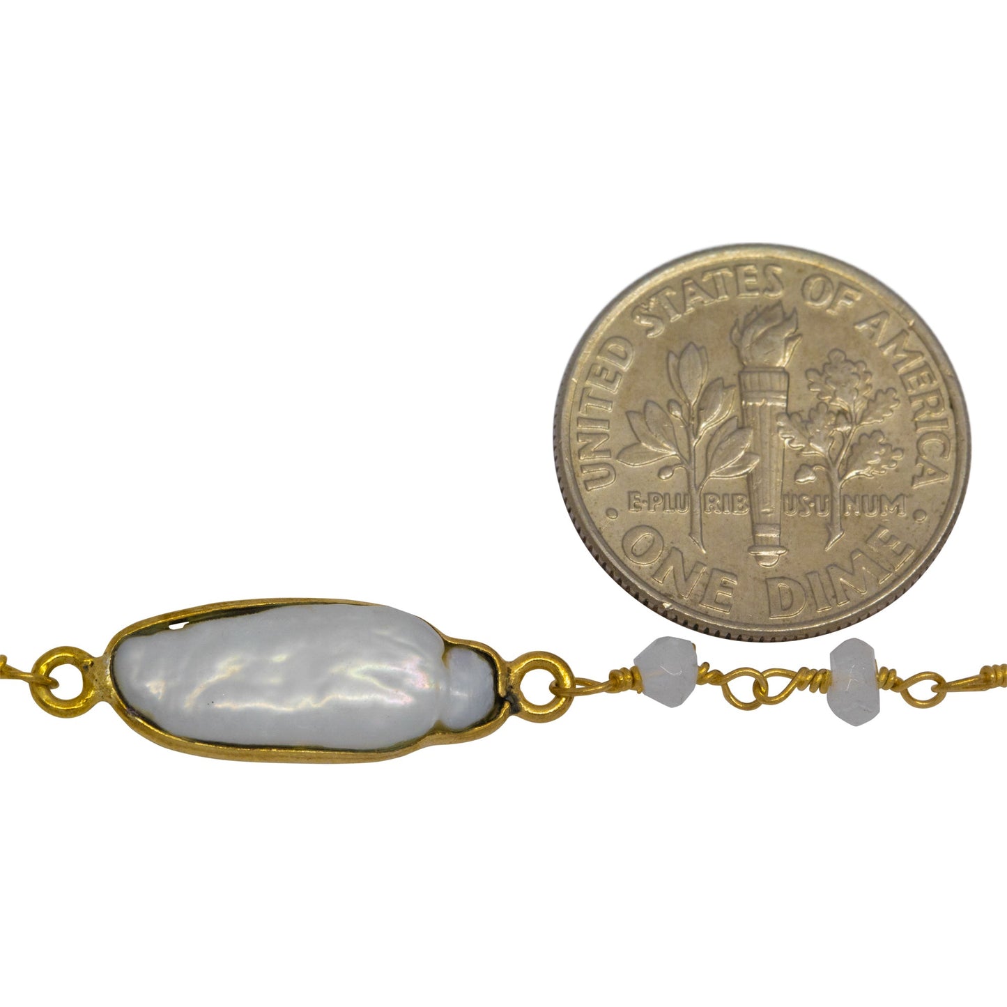 Brass Gold Plated 2.86mm Width by 2.36mm Length Hand Cut Rainbow Moon Stone, Followed by 8.19mm Width by 19.70mm Length approximately Biwa Pearl Bezel Set, Gem Stone Chain. Price per: 1 Inch.
