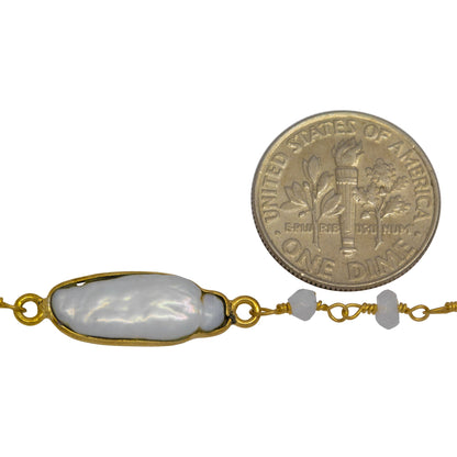 Brass Gold Plated 2.86mm Width by 2.36mm Length Hand Cut Rainbow Moon Stone, Followed by 8.19mm Width by 19.70mm Length approximately Biwa Pearl Bezel Set, Gem Stone Chain. Price per: 1 Inch.