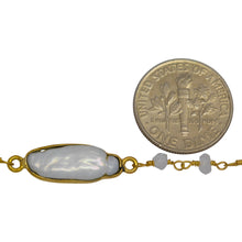 Load image into Gallery viewer, Brass Gold Plated 2.86mm Width by 2.36mm Length Hand Cut Rainbow Moon Stone, Followed by 8.19mm Width by 19.70mm Length approximately Biwa Pearl Bezel Set, Gem Stone Chain. Price per: 1 Inch.
