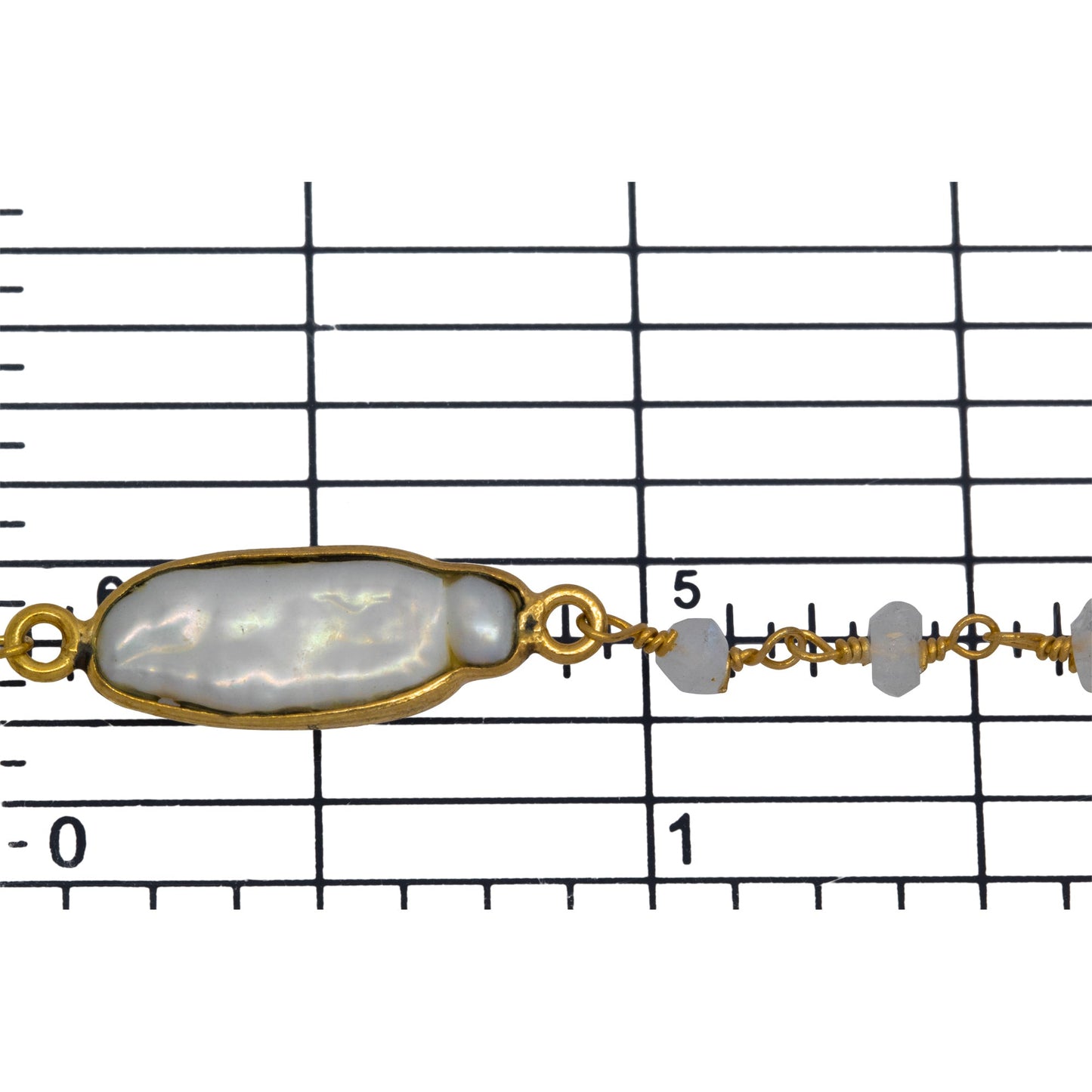 Brass Gold Plated 2.86mm Width by 2.36mm Length Hand Cut Rainbow Moon Stone, Followed by 8.19mm Width by 19.70mm Length approximately Biwa Pearl Bezel Set, Gem Stone Chain. Price per: 1 Inch.