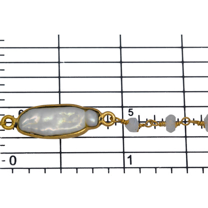 Brass Gold Plated 2.86mm Width by 2.36mm Length Hand Cut Rainbow Moon Stone, Followed by 8.19mm Width by 19.70mm Length approximately Biwa Pearl Bezel Set, Gem Stone Chain. Price per: 1 Inch.