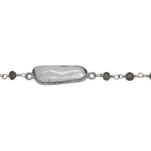 Load image into Gallery viewer, Chain by Foot. Brass Silver Plated 3.15mm Width by 2.87mm Length Hand Cut Smoky Quartz, Followed by 7.40mm Width by 19.03mm Length approximately Biwa Pearl Bezel Set, Gem Stone Chain. Price per: 1 Inch.
