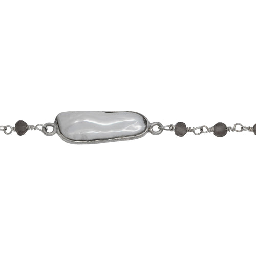 Chain by Foot. Brass Silver Plated 3.15mm Width by 2.87mm Length Hand Cut Smoky Quartz, Followed by 7.40mm Width by 19.03mm Length approximately Biwa Pearl Bezel Set, Gem Stone Chain. Price per: 1 Inch.