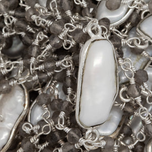 Brass Silver Plated 3.15mm Width by 2.87mm Length Hand Cut Smoky Quartz, Followed by 7.40mm Width by 19.03mm Length approximately Biwa Pearl Bezel Set, Gem Stone Chain. Price per: 1 Inch.