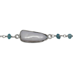 Chain by Foot. Brass Silver Plated 3.26mm Width by 2.40mm Length Hand Cut Apatite Stone, Followed by 9.81mm Width by 19.53mm Length approximately Biwa Pearl Bezel Set, Gem Stone Chain. Price per: 1 Inch.