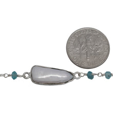 Load image into Gallery viewer, Brass Silver Plated 3.26mm Width by 2.40mm Length Hand Cut Apatite Stone, Followed by 9.81mm Width by 19.53mm Length approximately Biwa Pearl Bezel Set, Gem Stone Chain. Price per: 1 Inch.
