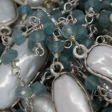 Load image into Gallery viewer, Brass Silver Plated 3.26mm Width by 2.40mm Length Hand Cut Apatite Stone, Followed by 9.81mm Width by 19.53mm Length approximately Biwa Pearl Bezel Set, Gem Stone Chain. Price per: 1 Inch.
