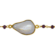 Load image into Gallery viewer, Chain by Foot. Brass Gold Plated 3.45mm Width by 2.45mm Length Hand Cut Garnet Stone, Followed by 8.31mm Width by 18.88mm Length approximately Biwa Pearl Bezel Set, Gem Stone Chain. Price per: 1 Inch.
