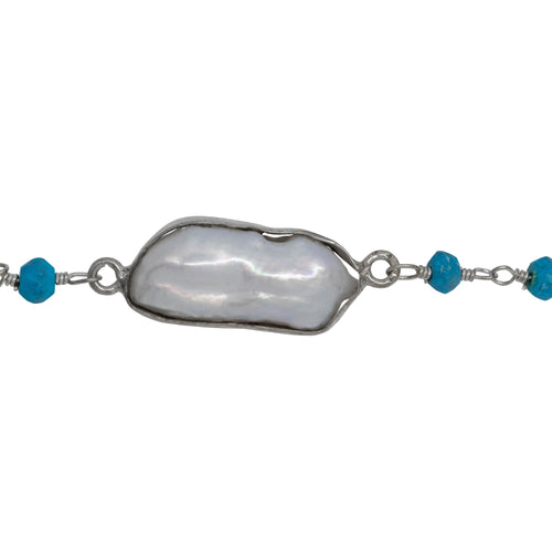 Chain by Foot. Brass Silver Plated 2.9mm Width by 3.5mm Length Hand Cut Turquoise Stone, Followed by 8.19mm Width by 18.70mm Length approximately Biwa Pearl Bezel Set, Gem Stone Chain. Price per: 1 Inch.