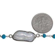 Load image into Gallery viewer, Brass Silver Plated 2.9mm Width by 3.5mm Length Hand Cut Turquoise Stone, Followed by 8.19mm Width by 18.70mm Length approximately Biwa Pearl Bezel Set, Gem Stone Chain. Price per: 1 Inch.
