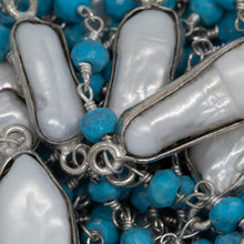 Load image into Gallery viewer, Brass Silver Plated 2.9mm Width by 3.5mm Length Hand Cut Turquoise Stone, Followed by 8.19mm Width by 18.70mm Length approximately Biwa Pearl Bezel Set, Gem Stone Chain. Price per: 1 Inch.
