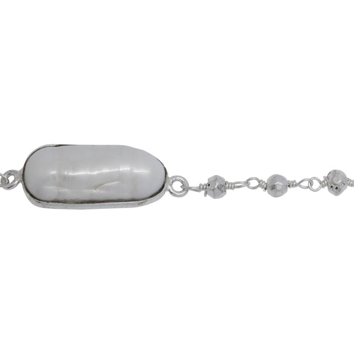 Chain by Foot. Brass Silver Plated 2.69mm Width by 2.95mm Length Hand Cut Silver Pyrite Stone, Followed by 8.19mm Width by 18.70mm Length approximately Biwa Pearl Bezel Set, Gem Stone Chain. Price per: 1 Inch.