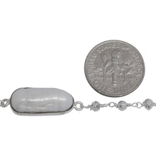 Load image into Gallery viewer, Brass Silver Plated 2.69mm Width by 2.95mm Length Hand Cut Silver Pyrite Stone, Followed by 8.19mm Width by 18.70mm Length approximately Biwa Pearl Bezel Set, Gem Stone Chain. Price per: 1 Inch.
