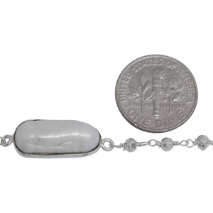 Brass Silver Plated 2.69mm Width by 2.95mm Length Hand Cut Silver Pyrite Stone, Followed by 8.19mm Width by 18.70mm Length approximately Biwa Pearl Bezel Set, Gem Stone Chain. Price per: 1 Inch.