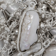 Load image into Gallery viewer, Brass Silver Plated 2.69mm Width by 2.95mm Length Hand Cut Silver Pyrite Stone, Followed by 8.19mm Width by 18.70mm Length approximately Biwa Pearl Bezel Set, Gem Stone Chain. Price per: 1 Inch.
