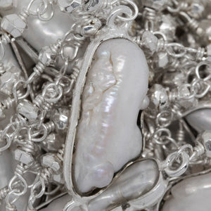 Brass Silver Plated 2.69mm Width by 2.95mm Length Hand Cut Silver Pyrite Stone, Followed by 8.19mm Width by 18.70mm Length approximately Biwa Pearl Bezel Set, Gem Stone Chain. Price per: 1 Inch.