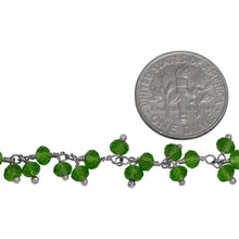 Load image into Gallery viewer, Brass Silver Plated 3.50mm Width by 2.65mm Length Natural Hand Cut Peridot Quartz, With Two of 3.50mm Width by 2.65mm Length Peridot Quartz Hanging off the Chain, Gem Stone Chain. Price per: 1 Inch.
