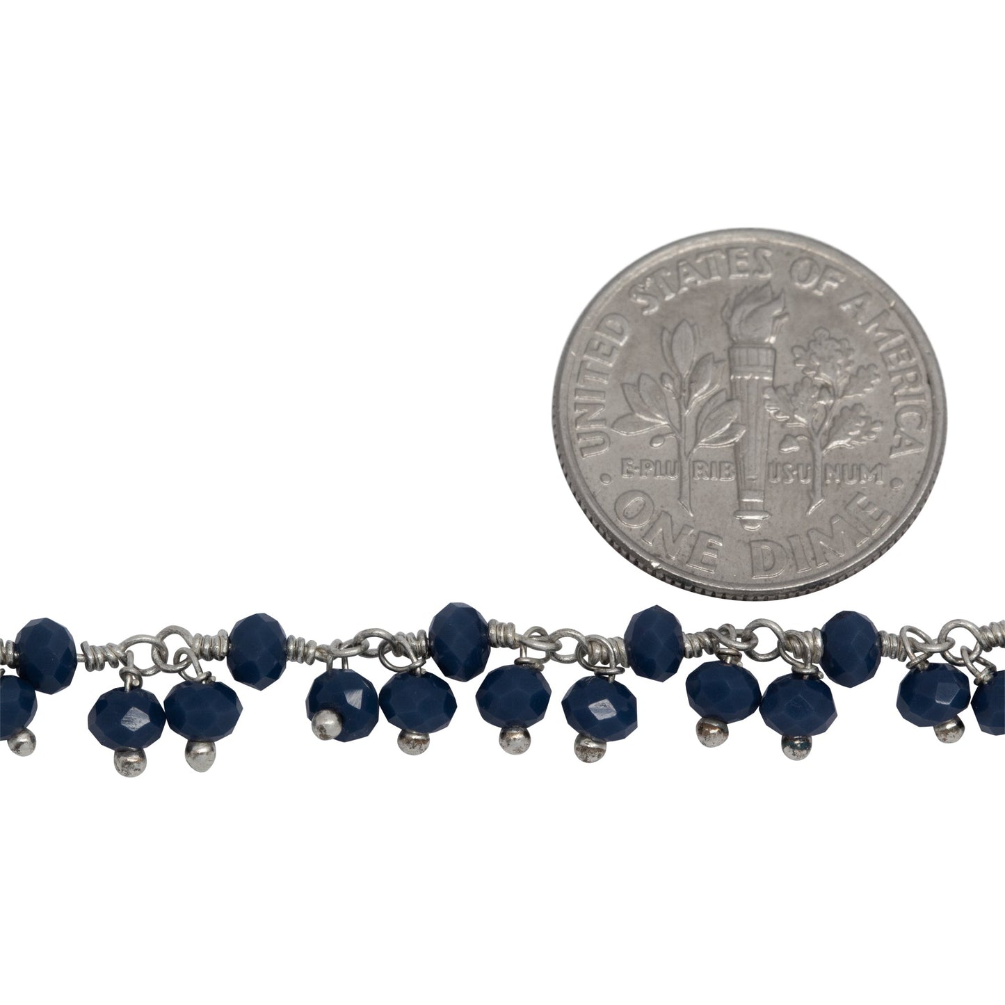 Brass Silver Plated 3.40mm Width by 2.75mm Length Natural Hand Cut Sodolite Stone, With Two of 3.40mm Width by 2.75mm Length Sodolite Stone Hanging off the Chain, Gem Stone Chain. Price per: 1 Inch.