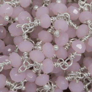 Brass Silver Plated 3.40mm Width by 2.75mm Length Natural Hand Cut Rose Quartz, With Two of 3.40mm Width by 2.75mm Length Rose Quartz Hanging off the Chain, Gem Stone Chain. Price per: 1 Inch.