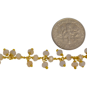 Brass Gold Plated 3.40mm Width by 2.75mm Length Natural Hand Cut White Agate Stone, With Two of 3.40mm Width by 2.75mm Length White Agate Stone Hanging off the Chain, Gem Stone Chain. Price per: 1 Inch.