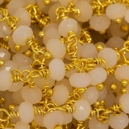 Brass Gold Plated 3.40mm Width by 2.75mm Length Natural Hand Cut White Agate Stone, With Two of 3.40mm Width by 2.75mm Length White Agate Stone Hanging off the Chain, Gem Stone Chain. Price per: 1 Inch.