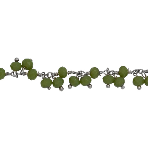 Chain by Foot. Brass Silver Plated 3.70mm Width by 2.88mm Length Natural Hand Cut Chrysoprase Stone, With Two of 3.53mm Width by 2.80mm Length Chrysoprase Stone Hanging off the Chain, Gem Stone Chain. Price per: 1 Inch.