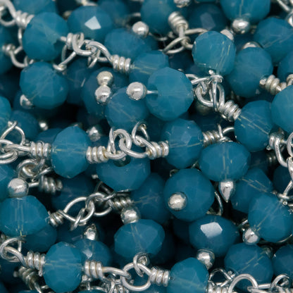 Brass Silver Plated 3.36mm Width by 2.91mm Length Natural Hand Cut Turquoise Stone, With Two of 3.60mm Width by 2.80mm Length Turquoise Stone Hanging off the Chain, Gem Stone Chain. Price per: 1 Inch.