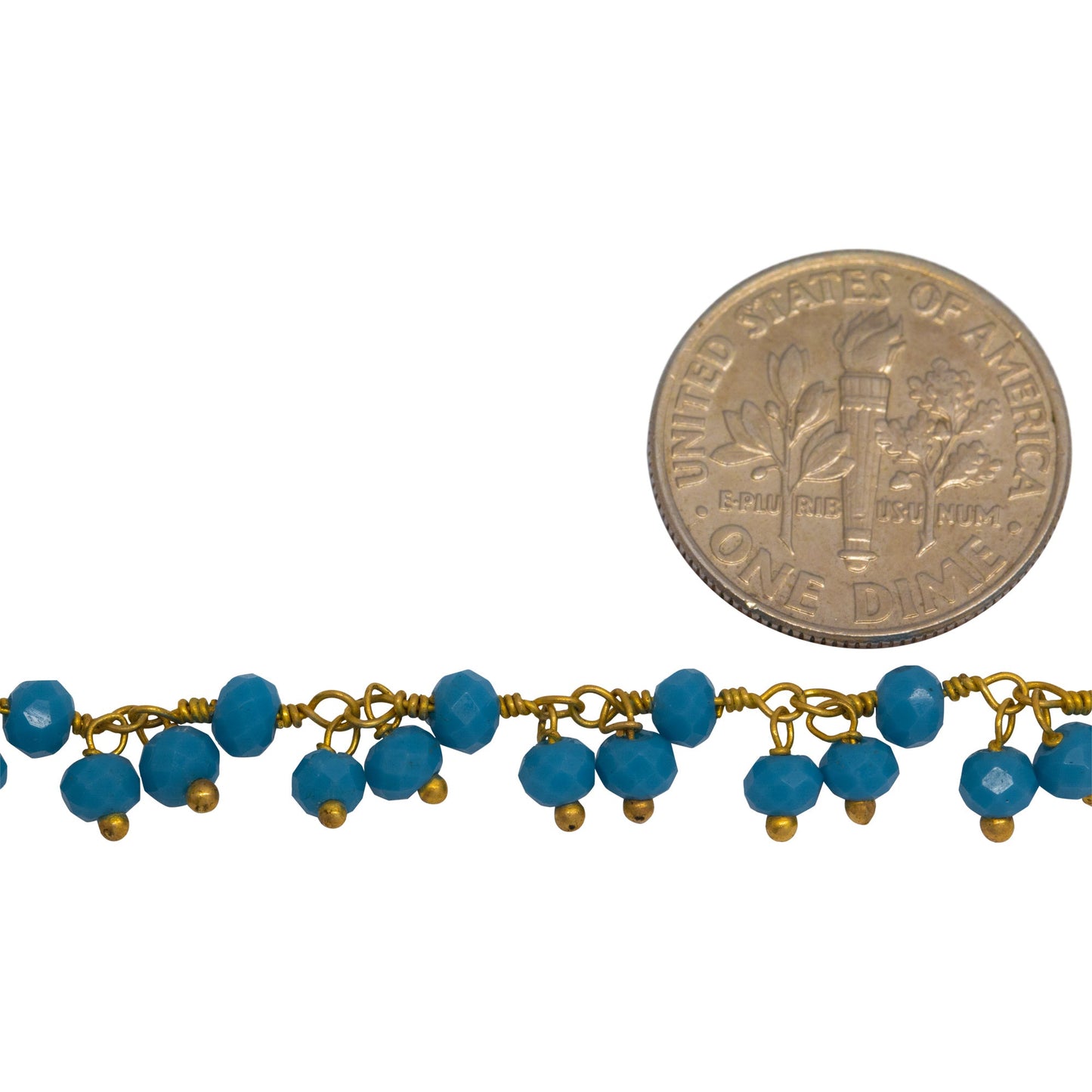 Brass Gold Plated 3.36mm Width by 2.91mm Length Natural Hand Cut Turquoise Stone, With Two of 3.60mm Width by 2.80mm Length Turquoise Stone Hanging off the Chain, Gem Stone Chain. Price per: 1 Inch.