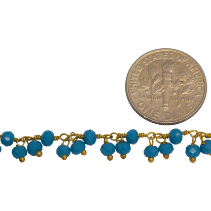 Brass Gold Plated 3.36mm Width by 2.91mm Length Natural Hand Cut Turquoise Stone, With Two of 3.60mm Width by 2.80mm Length Turquoise Stone Hanging off the Chain, Gem Stone Chain. Price per: 1 Inch.