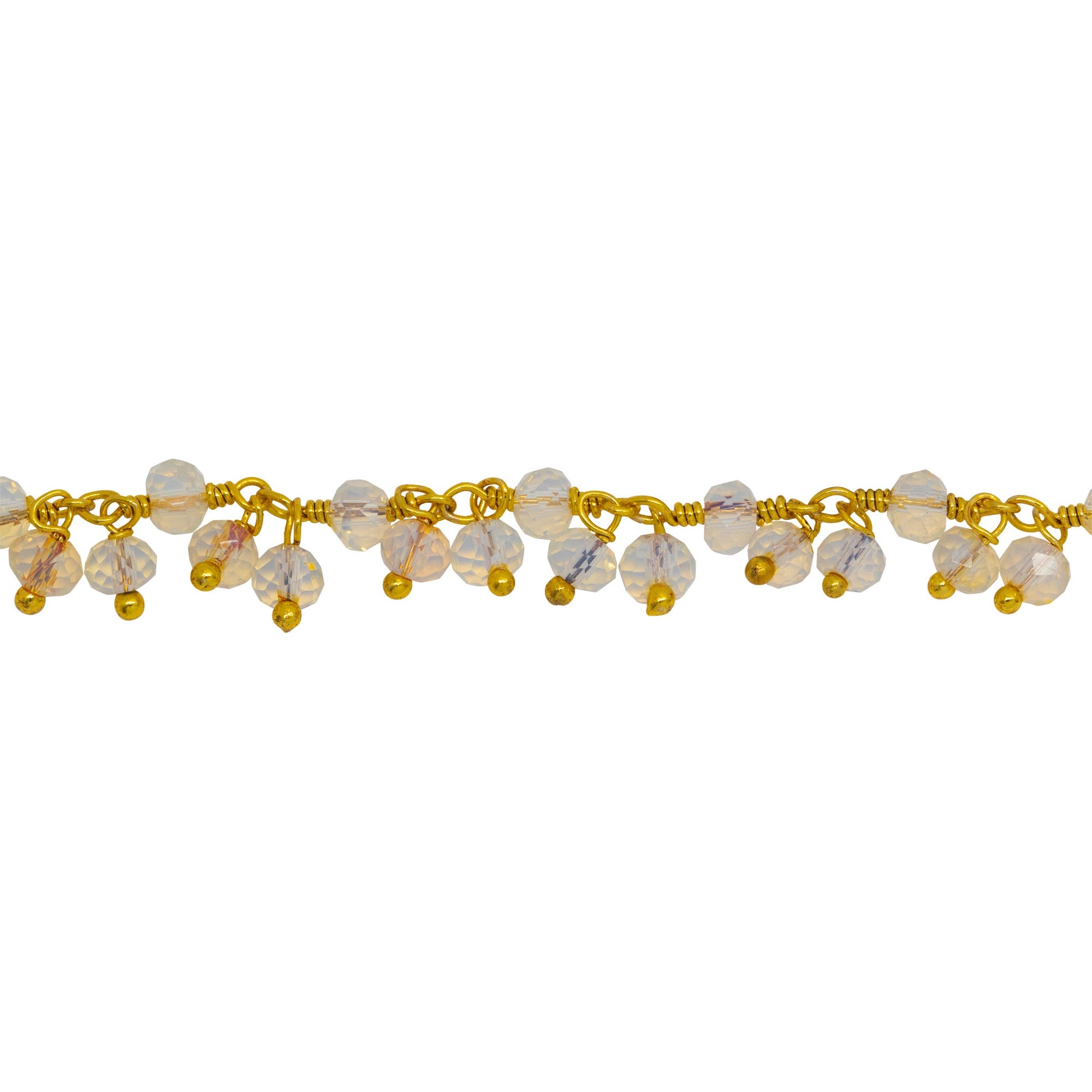 Chain by Foot. Brass Gold Plated 3.50mm Width by 2.95mm Length Opal Shade Crystal, With Two of 3.45mm Width by 2.55mmLength Opal Shade Crystal Hanging off the Chain, Gem Stone Chain. Price per: 1 Inch.