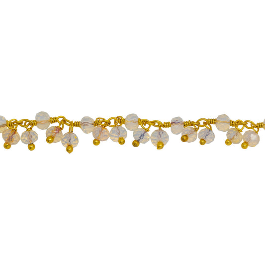 Chain by Foot. Brass Gold Plated 3.50mm Width by 2.95mm Length Opal Shade Crystal, With Two of 3.45mm Width by 2.55mmLength Opal Shade Crystal Hanging off the Chain, Gem Stone Chain. Price per: 1 Inch.