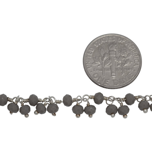 Brass Silver Plated 3.60mm Width by 2.80mm Length Natural Hand Cut Gray Chalcedony Stone, With Two of 3.58mm Width by 2.80mm Length Gray Chalcedony Stone Hanging off the Chain, Gem Stone Chain. Price per: 1 Inch.
