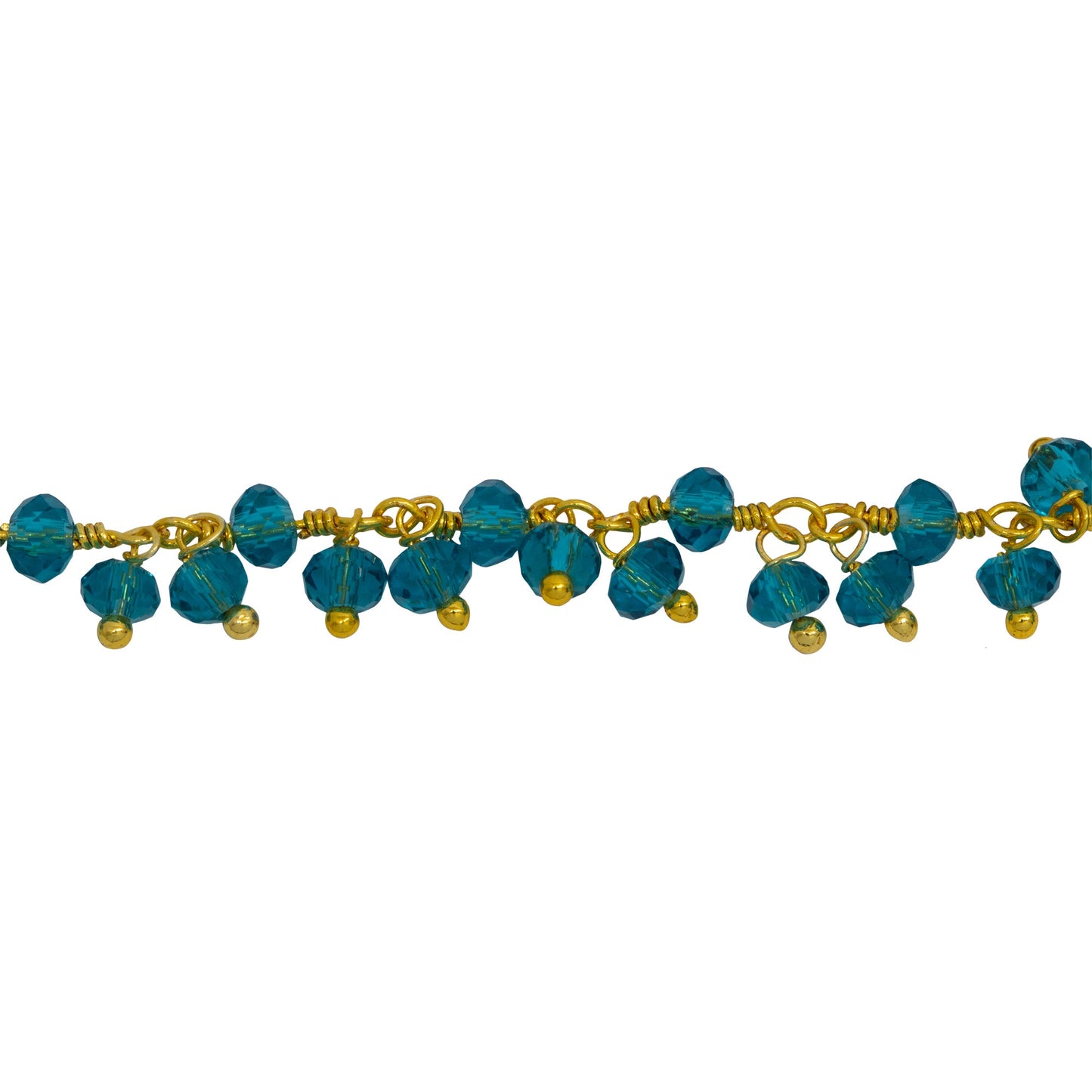 Chain by Foot. Brass Gold Plated 3.46mm Width by 2.46mm Length Natural Hand Cut London Blue Topaz Shade - Quartz, With Two of 3.46mm Width by 2.46mm Length London Blue Topaz Quartz Hanging off the Chain, Gem Stone Chain. Price per: 1 Inch.