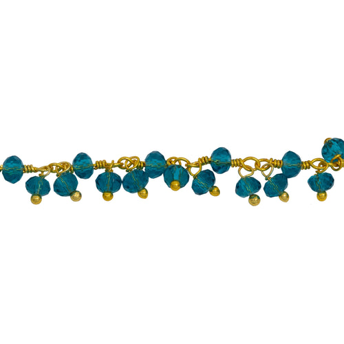 Chain by Foot. Brass Gold Plated 3.46mm Width by 2.46mm Length Natural Hand Cut London Blue Topaz Shade - Quartz, With Two of 3.46mm Width by 2.46mm Length London Blue Topaz Quartz Hanging off the Chain, Gem Stone Chain. Price per: 1 Inch.