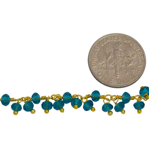 Brass Gold Plated 3.46mm Width by 2.46mm Length Natural Hand Cut London Blue Topaz Shade - Quartz, With Two of 3.46mm Width by 2.46mm Length London Blue Topaz Quartz Hanging off the Chain, Gem Stone Chain. Price per: 1 Inch.