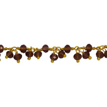 Load image into Gallery viewer, Chain by Foot. Brass Gold Plated 3.46mm Width by 2.46mm Length Natural Hand Cut Garnet Stone, With Two of 3.46mm Width by 2.46mm Length Garnet Stone Hanging off the Chain, Gem Stone Chain. Price per: 1 Inch.
