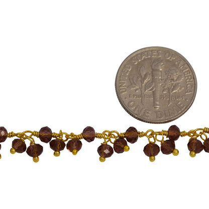 Brass Gold Plated 3.46mm Width by 2.46mm Length Natural Hand Cut Garnet Stone, With Two of 3.46mm Width by 2.46mm Length Garnet Stone Hanging off the Chain, Gem Stone Chain. Price per: 1 Inch.