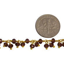 Load image into Gallery viewer, Brass Gold Plated 3.46mm Width by 2.46mm Length Natural Hand Cut Garnet Stone, With Two of 3.46mm Width by 2.46mm Length Garnet Stone Hanging off the Chain, Gem Stone Chain. Price per: 1 Inch.
