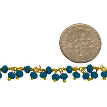 Load image into Gallery viewer, Brass Gold Plated 3.41mm Width by 2.57mm Length Natural Hand Cut Dark Turquoise Stone, With Two of 3.49mm Width by 2.46mm Length Dark Turquoise Stone Hanging off the Chain, Gem Stone Chain. Price per: 1 Inch.
