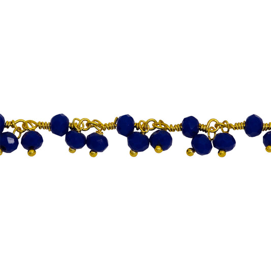 Chain by Foot. Brass Gold Plated 3.67mm Width by 2.85mm Length Natural Hand Cut Lapis Stone, With Two of 3.40mm Width by 2.59mm Length Lapis Stone Hanging off the Chain, Gem Stone Chain. Price per: 1 Inch.