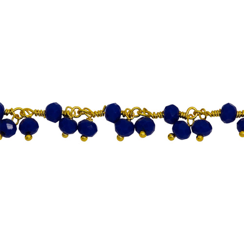 Chain by Foot. Brass Gold Plated 3.67mm Width by 2.85mm Length Natural Hand Cut Lapis Stone, With Two of 3.40mm Width by 2.59mm Length Lapis Stone Hanging off the Chain, Gem Stone Chain. Price per: 1 Inch.