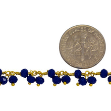 Load image into Gallery viewer, Brass Gold Plated 3.67mm Width by 2.85mm Length Natural Hand Cut Lapis Stone, With Two of 3.40mm Width by 2.59mm Length Lapis Stone Hanging off the Chain, Gem Stone Chain. Price per: 1 Inch.
