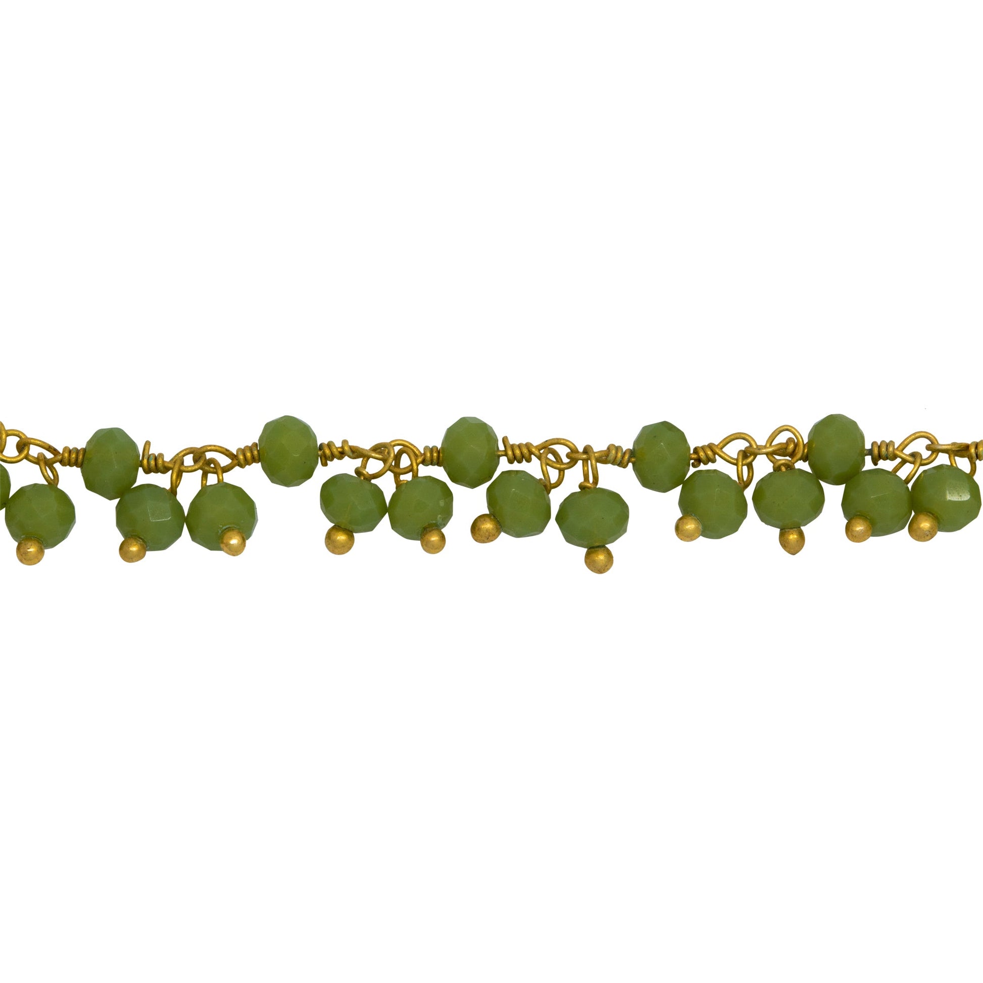 Chain by Foot. Brass Gold Plated 3.65mm Width by 2.91mm Length Natural Hand Cut Chrysoprase Stone, With Two of 3.51mm Width by 2.72mm Length Chrysoprase Stone Hanging off the Chain, Gem Stone Chain. Price per: 1 Inch.