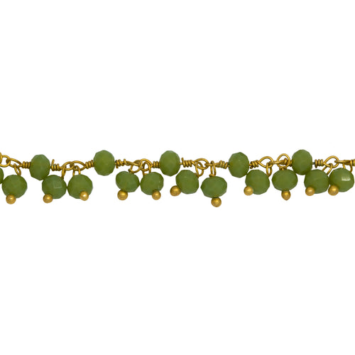 Chain by Foot. Brass Gold Plated 3.65mm Width by 2.91mm Length Natural Hand Cut Chrysoprase Stone, With Two of 3.51mm Width by 2.72mm Length Chrysoprase Stone Hanging off the Chain, Gem Stone Chain. Price per: 1 Inch.