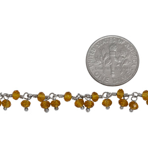 Brass Silver Plated 3.1mm Width by 2.79mm Length Natural Hand Cut Citrine Stone, With Two of 3.1mm Width by 2.79mm Length Citrine Stone Hanging off the Chain, Gem Stone Chain. Price per: 1 Inch.