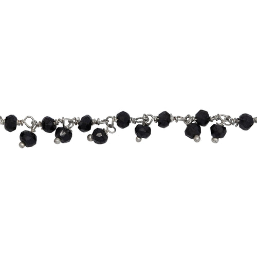 Chain by Foot. Brass Silver Plated 3.35mm Width by 2.35mm Length Natural Hand Cut Black Spinel Stone, With One of 3.35mm Width by 2.35mm Length Black Spinel Stone Hanging off the Chain, Gem Stone Chain. Price per: 1 Inch.