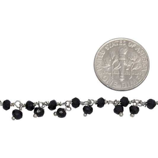 Brass Silver Plated 3.35mm Width by 2.35mm Length Natural Hand Cut Black Spinel Stone, With One of 3.35mm Width by 2.35mm Length Black Spinel Stone Hanging off the Chain, Gem Stone Chain. Price per: 1 Inch.