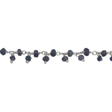 Load image into Gallery viewer, Chain by Foot. Brass Silver Plated 3.53mm Width by 2.43mm Length Natural Hand Cut Iolite Stone, With One of 2.88mm Width by 2.33mm Length Iolite Stone Hanging off the Chain, Gem Stone Chain. Price per: 1 Inch.
